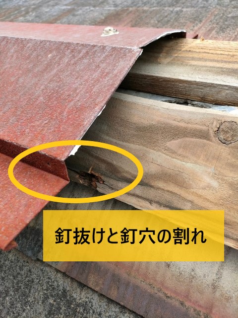 棟板金　釘抜け　釘穴の割れ